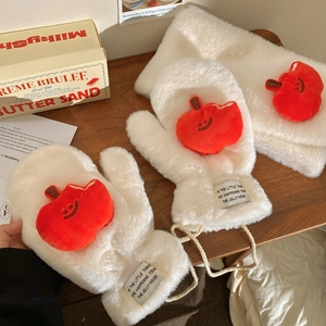 Plush winter gloves and scarf set with cute apple embroidery for windproof warmth