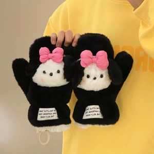 Cute black and white puppy plush mittens with pink bows and warm fleece lining