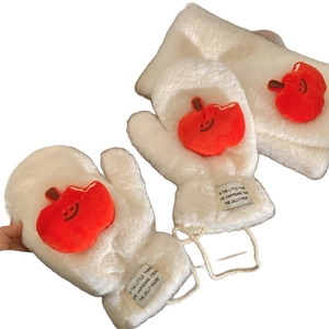 Cute white plush winter mittens and scarf set with orange apple patches for women
