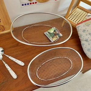 Stainless Steel Oval Mesh Basket Fine Wire Weaving Fruit Vegetable Draining Tray Bread Snack Kitchen Desktop Storage