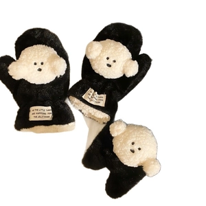 Winter Plüschfäustlinge in Schwarz mit süßem weißen Hunde-Design für Outdoor-Wärme