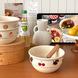 Matte Keramikschalen-Set mit süßen Cartoon-Welpen und Kirschmustern auf cremiger Glasur