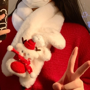 Winter plush white scarf with cute snowman decoration and warm faux fur material