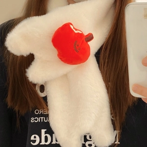 Plush white winter scarf featuring a cute red apple charm with a smiling face