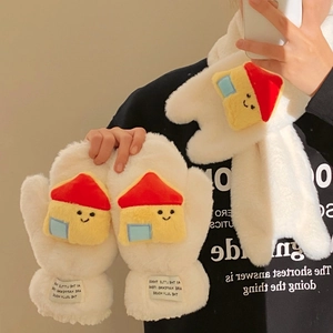 Close-up of white plush scarf and gloves set with a cute yellow house patch detail