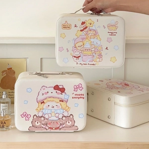Draagbare Make-up Koffer PU Leer Grote Capaciteit Cosmetische Organizer Met Spiegel Cartoon Dierenpatroon Reistas