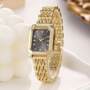 Elegant gold square steel strap watch for women with black dial and numeral markers