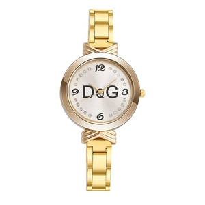 Elegant gold tone women's quartz watch with rhinestone bezel and metal chain link strap