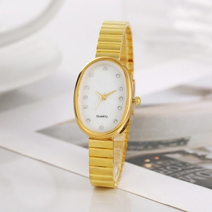 Elegant gold quartz watch for women with rhinestone markers and oval white dial