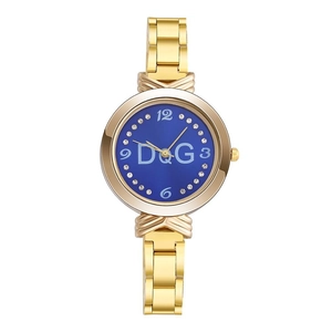 Luxury gold women's quartz watch with blue dial and diamond-set hour markers