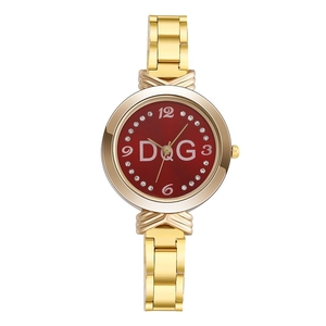 Elegant gold steel watch with rhinestone markers and wine red dial for women
