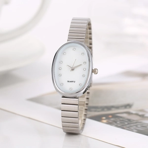 Elegant silver oval women's quartz watch with diamond markers and metal strap
