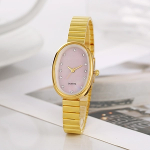 Elegant gold oval quartz watch with pink mother-of-pearl dial and crystal markers