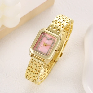 Elegant gold square quartz watch for women with pink dial and sparkling crystal bezel