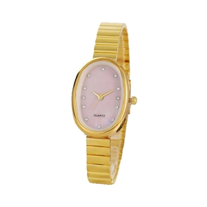 Elegant gold quartz watch with oval pink dial and crystal hour markers for women