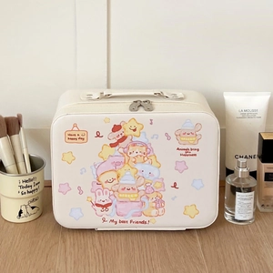 Grote crèmekleurige make-up koffer met schattige tekenfilms en stevig handvat