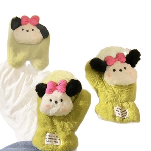 Cute green plush puppy mittens for women and kids with thick lining for winter warmth