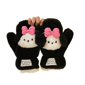 Winter plush mittens with cartoon puppy design and pink bows for warm outdoor windproof use