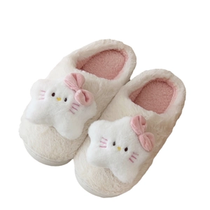 Plush cartoon star cat slippers with pink bow and warm faux fur lining in white