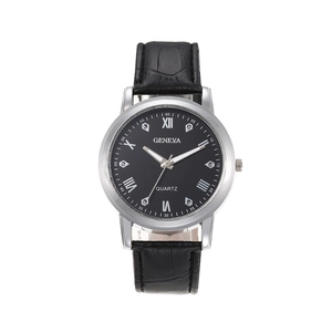 Geneva business quartz watch with black leather strap and silver metal case on white backdrop