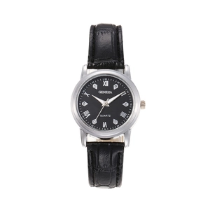 Classic Geneva quartz watch with black leather strap and rhinestone Roman numeral dial