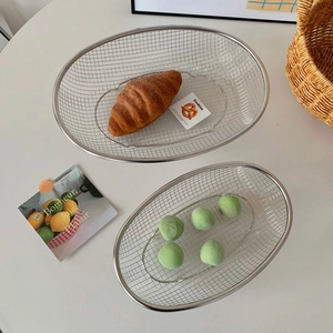Oval stainless steel mesh food baskets for washing fruit or serving bread and snacks
