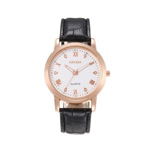 Classic Geneva business watch with white dial, rose gold case, and black leather strap