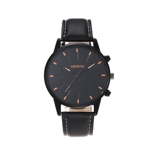 Geneva business casual men's quartz watch with black leather strap and gold markers