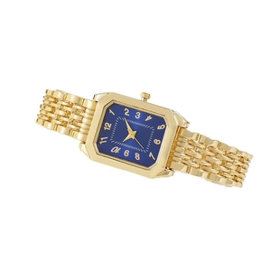 Women's gold square quartz watch with navy blue dial and stainless steel mesh strap