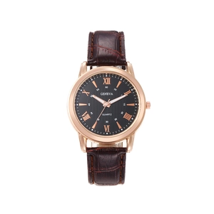 Business style quartz watch with rose gold case, black dial and brown leather strap