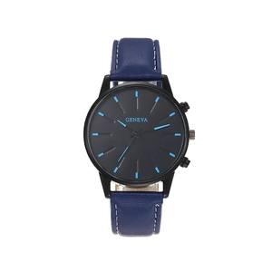Business casual quartz watch for men with black dial and blue leather strap with stitching