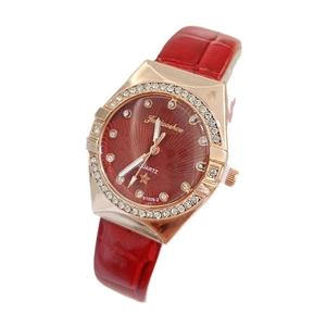 Elegant women's quartz watch with red leather strap and sparkling crystal bezel