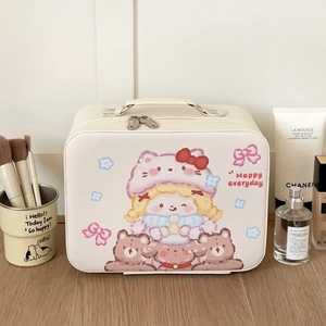 Detail van een cartoon make-up koffer met handvat en ruim opbergontwerp voor dames
