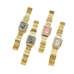Square gold steel strap quartz watches with diamond bezel and marble texture dials