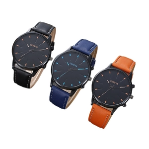 Three minimalist Geneva business quartz watches with textured leather straps in various colors