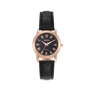 Close-up of Geneva quartz watch featuring black crocodile leather strap and rose gold case