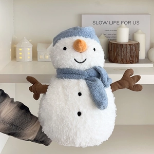 Cute snowman plush hot water bottle with blue knit hat and carrot nose for winter warming