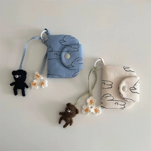 Porte-monnaie mignon en toile motif nuage avec breloque d'ours et de fleurs