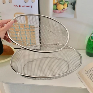 Oval stainless steel mesh baskets for fruit and bread storage with reinforced edges
