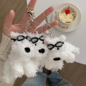 Three cute plush Westie dog keychains with mini goggles and silver metal lobster clasps