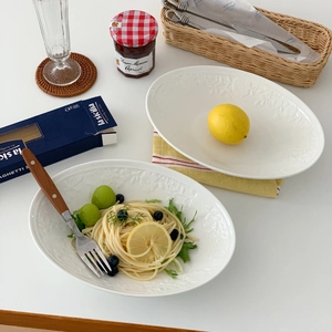 Vintage White Ceramic Dinner Plate Oval Embossed Flower Pattern Microwave Safe Serving Dish French Style Dessert Tray