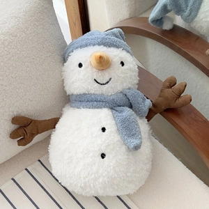 Detail of plush snowman hot water bottle with blue knit hat and soft faux fur texture