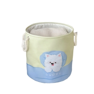 Cute puppy printed laundry hamper with cotton rope handles and two-tone fabric design