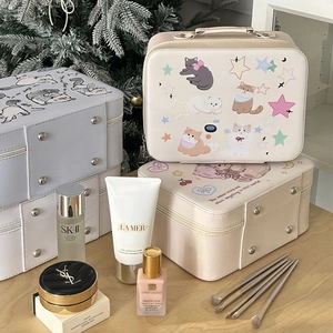 Cute cartoon large capacity PU leather makeup cases with kitten print in Christmas setting
