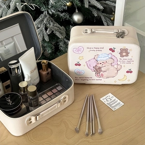 Portable large capacity PU leather cartoon makeup case set with mirror and handle