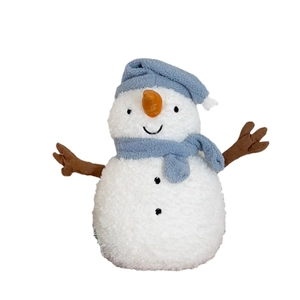 Cute snowman plush hot water bottle with blue knit hat and orange carrot nose detail