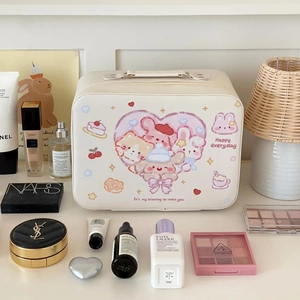 Draagbare grote make-up tas met cartoon prints en handvat in warm crèmewit