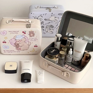Portable large capacity PU leather cosmetic box with cute cartoon pet print and mirror