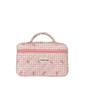 Pink checkered quilted makeup bag with red bow embroidery and top handle for travel