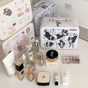 Portable cartoon PU leather makeup box with large capacity for skincare storage